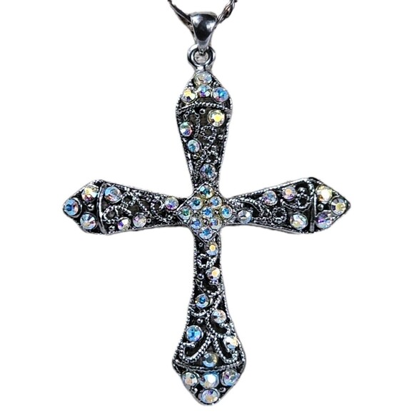 Unbranded Jewelry - 925 Sterling Silver Necklace Rhinestone Cross Sparkling Crystal Pendant Chain PD